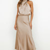 Carlina | Long Satin Wedding Guest Maxi Dress with Halter Neck