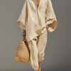 Light Khaki Minimalist Asymmetrical Hem Top And Jogger Pants Suit